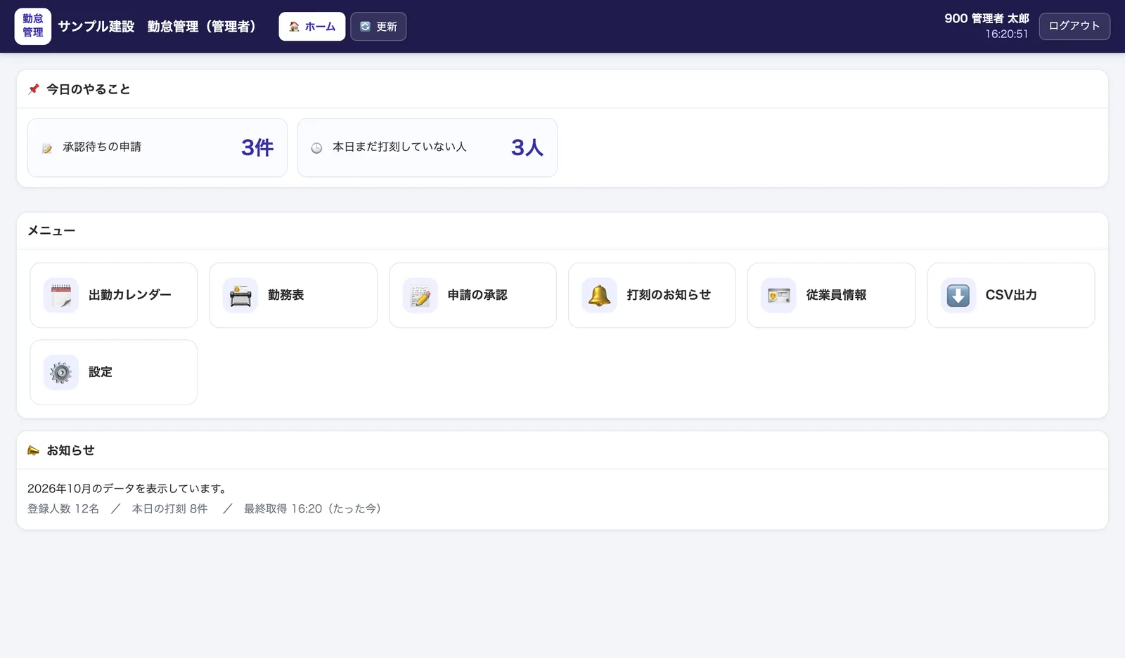 勤怠管理システムの管理者ホーム画面（架空のデータ）